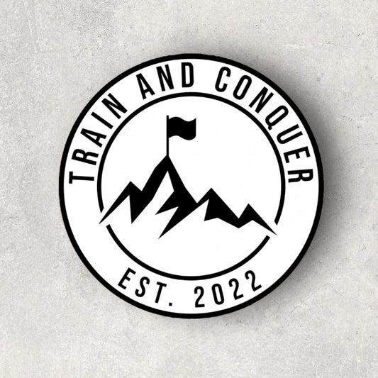 TRAIN AND CONQUER EST. STICKER - WHITE AND BLACK